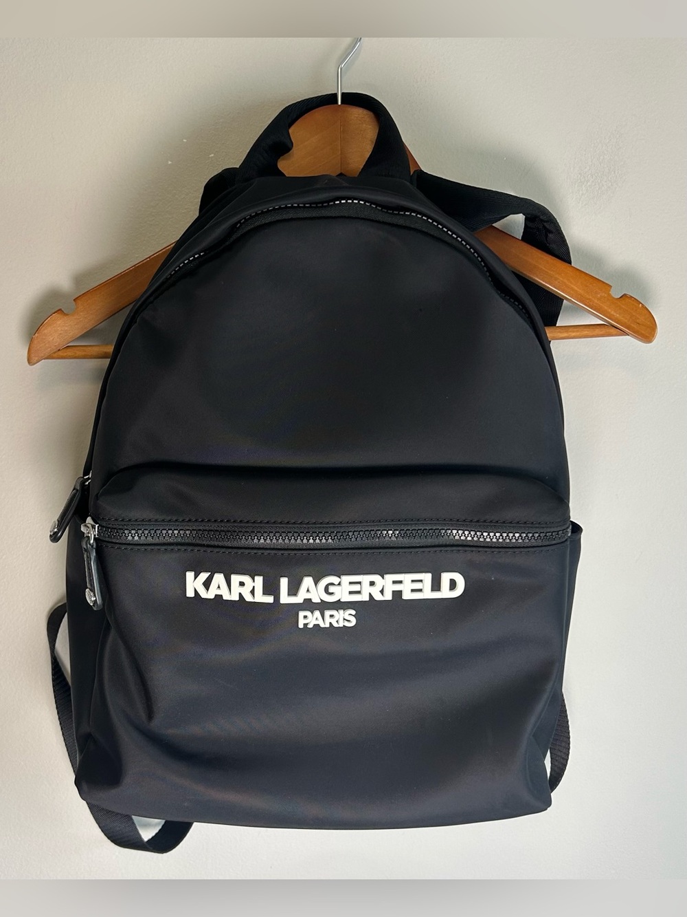 Karl Lagerfeld Paris Amour Medium Size Backpack Black Nylon Zip Close Pockets